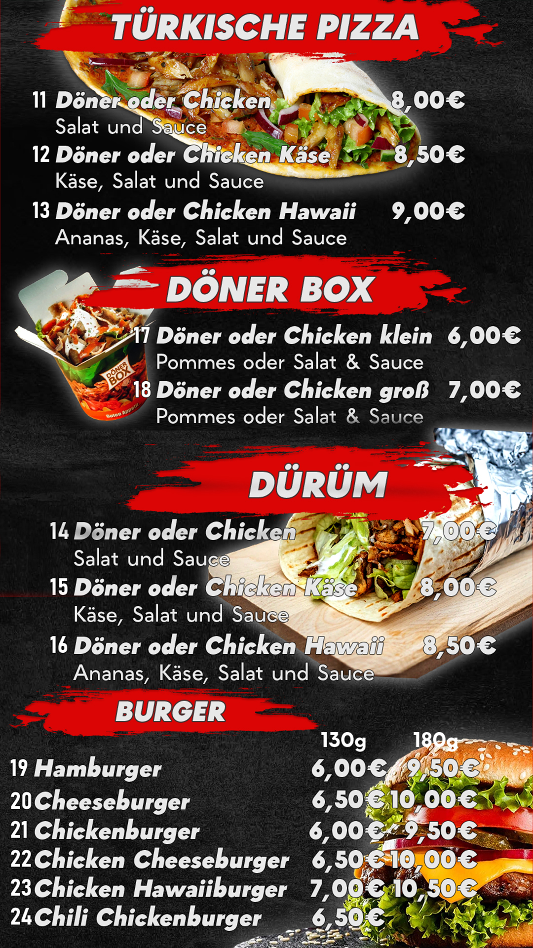 Dürum, Türkische Pizza, Döner Box, Hamburger